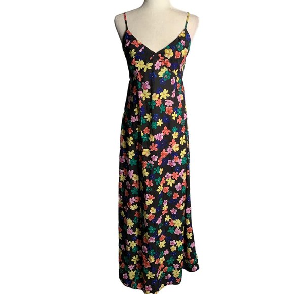 Sleeveless Sweetheart Maxi Sun Dress M Black Floral Adjustable Straps Shirring - Picture 1 of 6